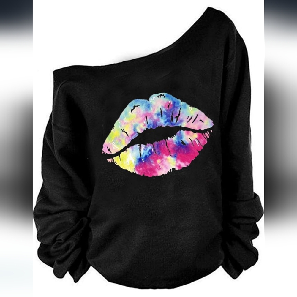 PLUS SIZE Off-Shoulder Black Sweater with Colorful Lip Print